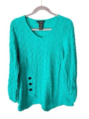 Ali Miles Top Women's Large Teal Crinkle Cotton Blend Asymmetrical Lagenlook